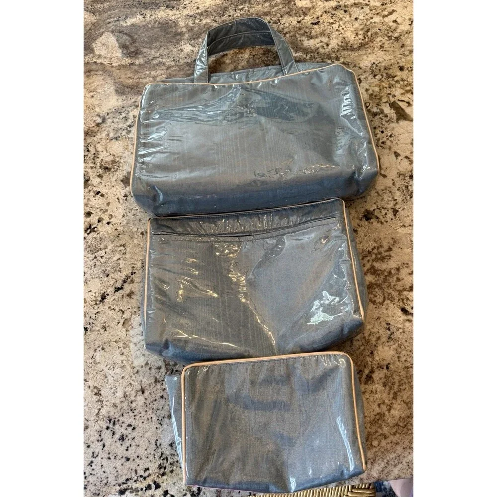 Women’s Travel Toiletry Bag Waterproof Clear Coated  Blue Ribbon Set Of 3